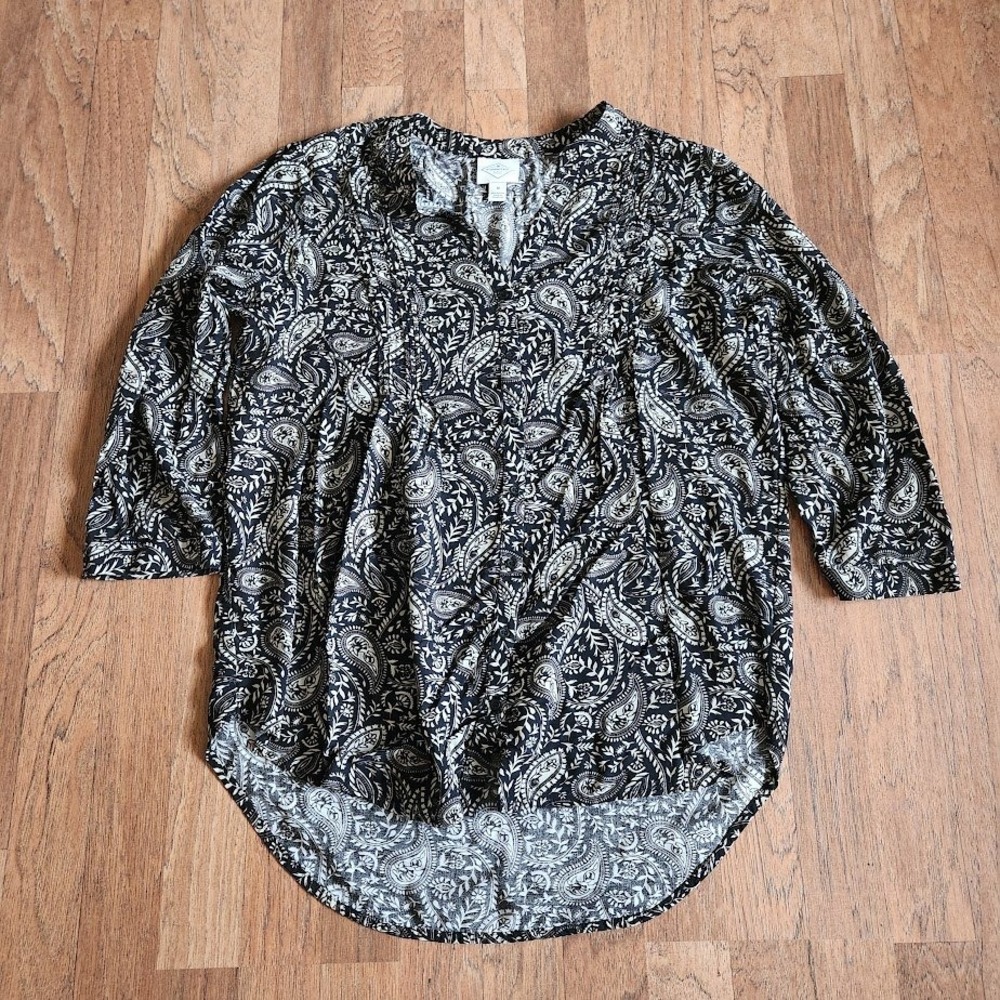 St Johns Bay Black White Paisley Pintuck Tunic Blouse Rayon 3/4 Sleeve Med 724
